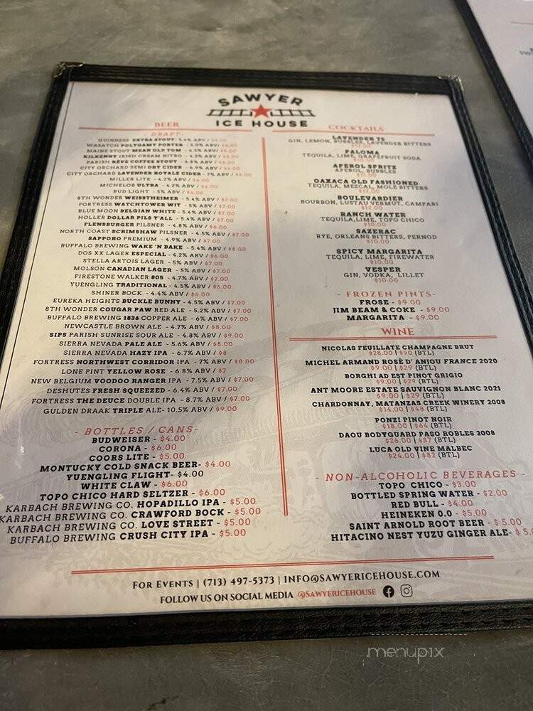 Sawyer Ice House - Houston, TX menu_pic