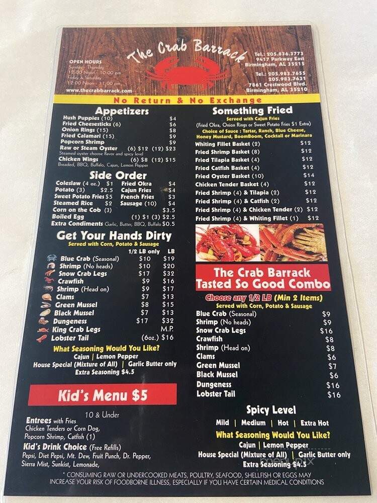 The Crab Barrack - Irondale, AL menu_pic