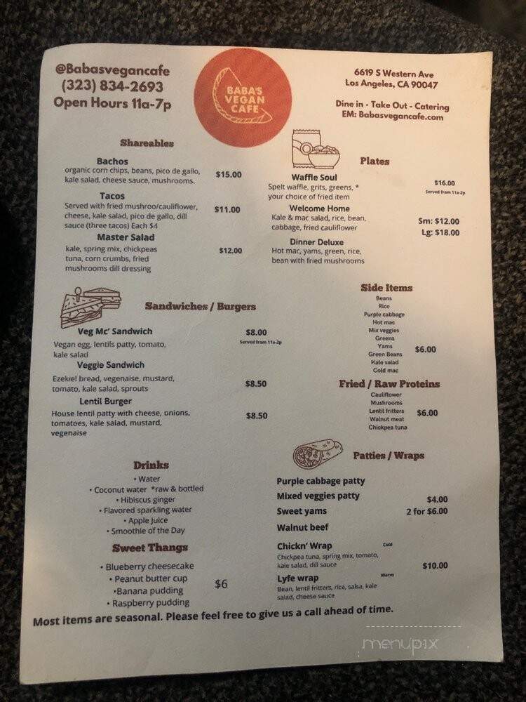 Baba's Vegan Cafe - Los Angeles, CA menu_pic