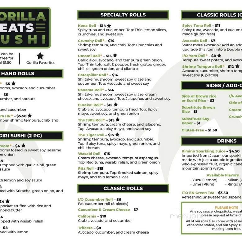 Gorilla Eats Sushi - San Diego, CA menu_pic