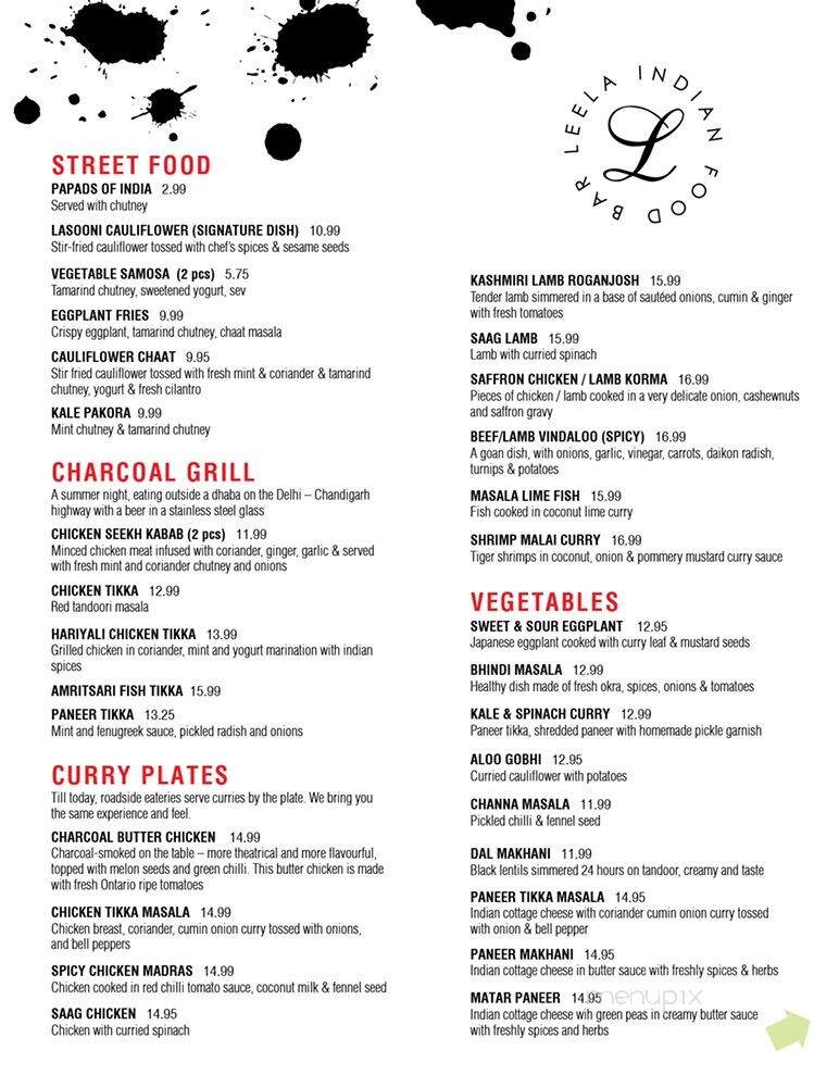 Leela Indian Food Bar - Toronto, ON menu_pic