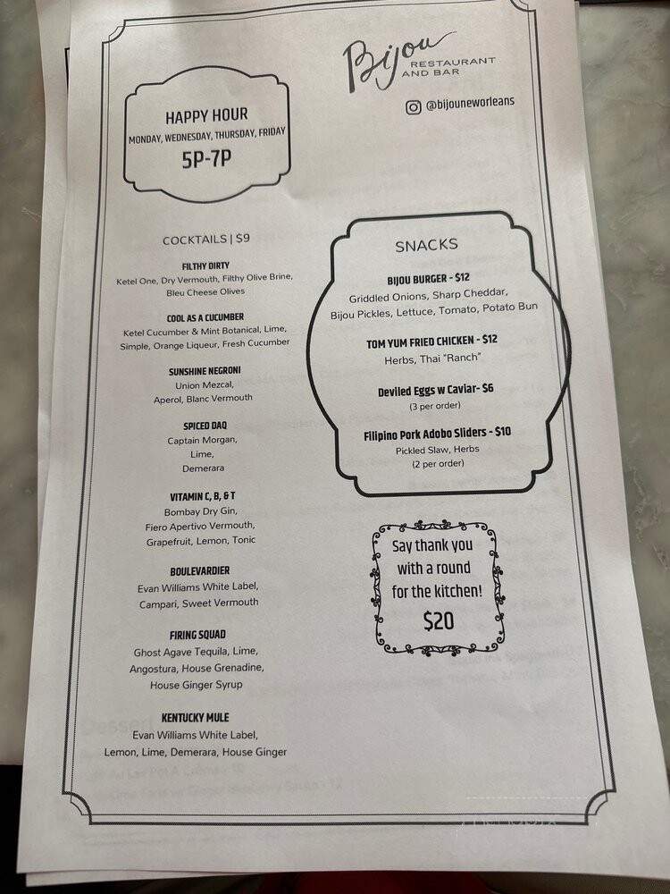 Bijou Restaurant and Bar - New Orleans, LA menu_pic