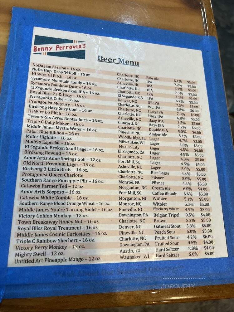 Benny Ferrovia's - Charlotte, NC menu_pic