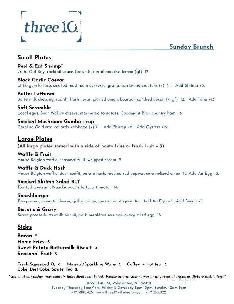 Three10 - Wilmington, NC menu_pic