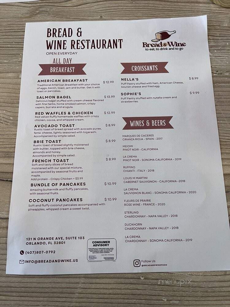 Bread & Wine - Orlando, FL menu_pic