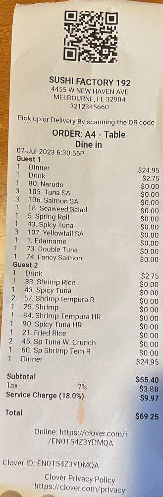 Sushi Factory 192 - Melbourne Village, FL menu_pic