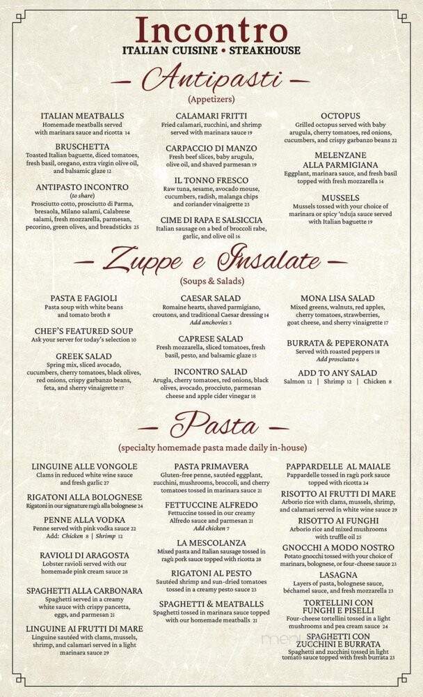 Incontro Italian Cuisine Steakhouse - Coral Springs, FL menu_pic