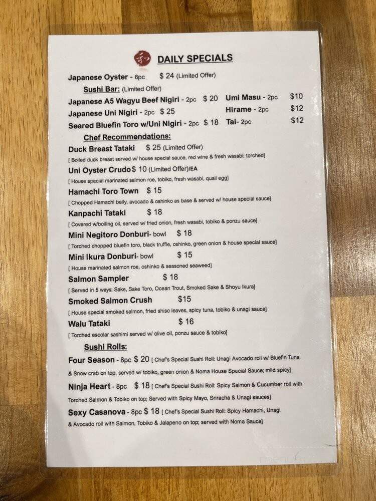 Noma Sushi - San Mateo, CA menu_pic