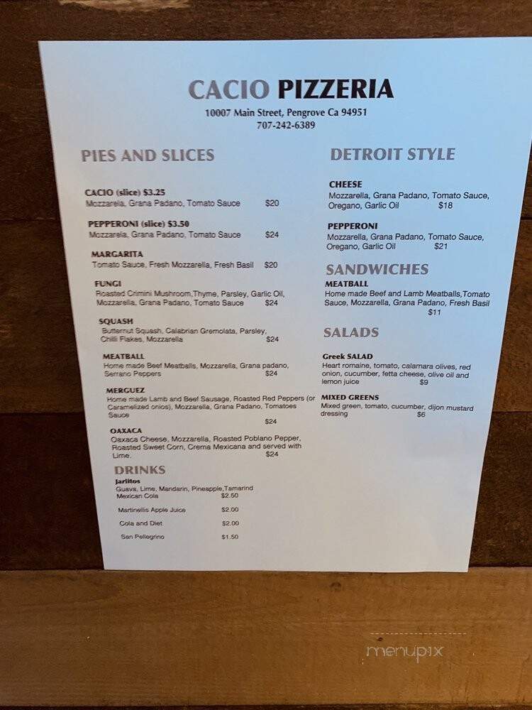Cacio Pizzeria - Penngrove, CA menu_pic
