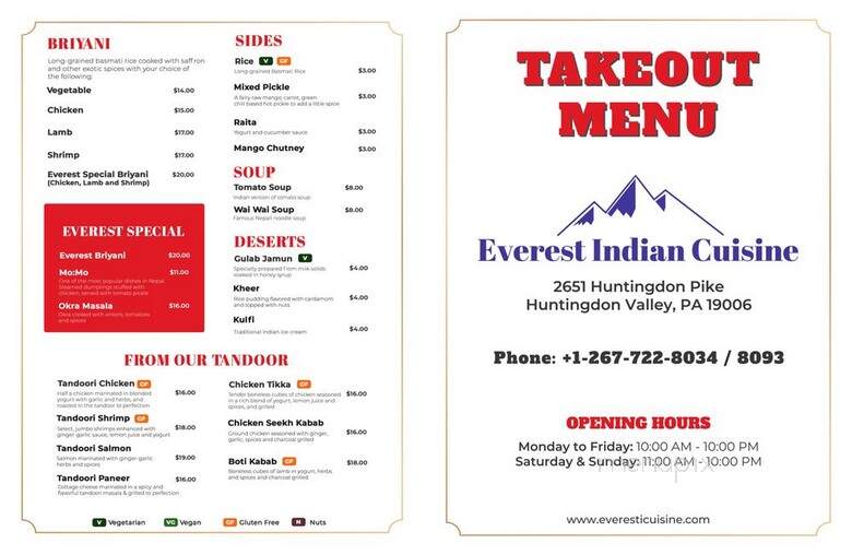 Everest Indian Cuisine - Huntingdon Valley, PA menu_pic