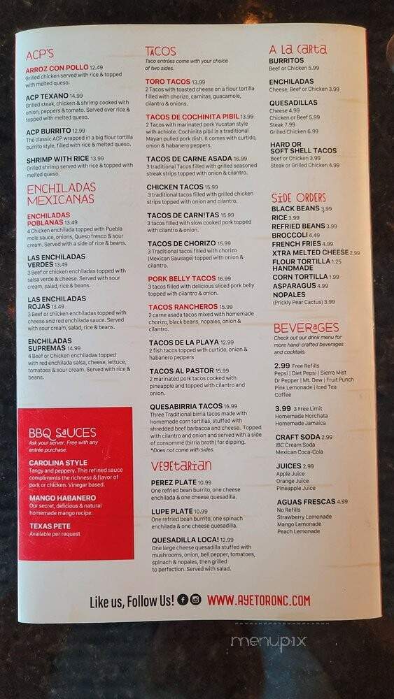 Aye Toro Tacos & Tequila - Wilmington, NC menu_pic