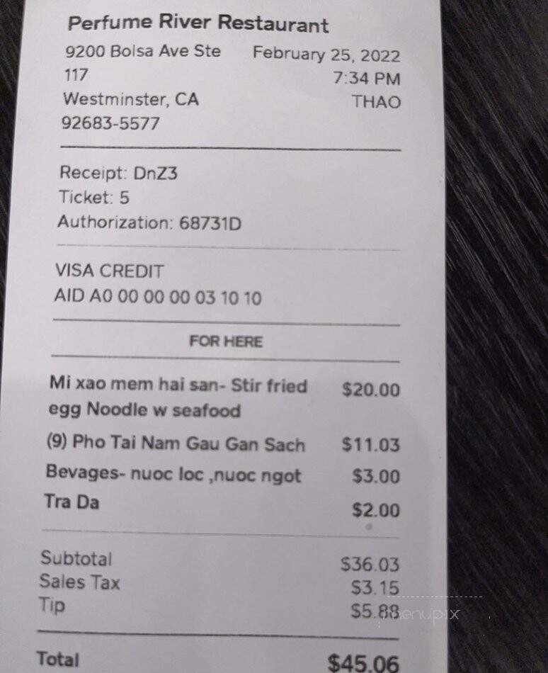 Perfume River Restaurant and Lounge - Westminster, CA menu_pic