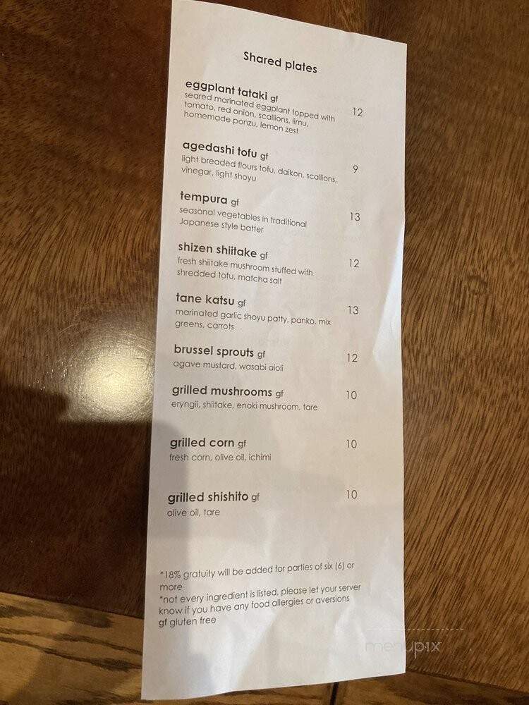 Tane Vegan Izakaya - Berkeley, CA menu_pic
