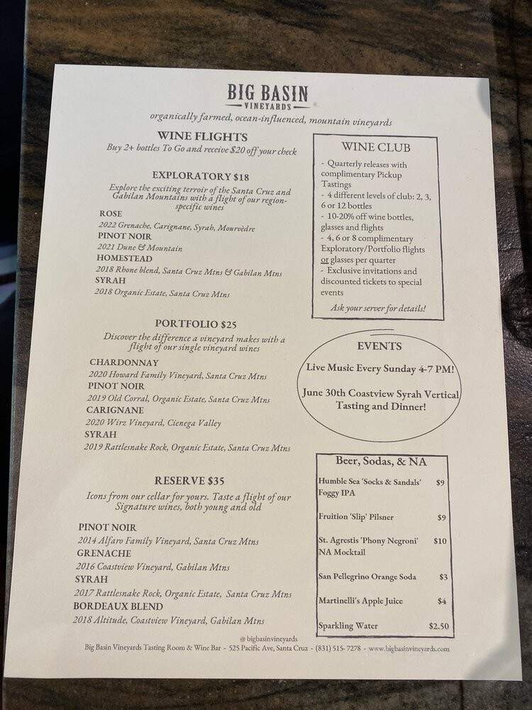 Big Basin Vineyards - Santa Cruz, CA menu_pic