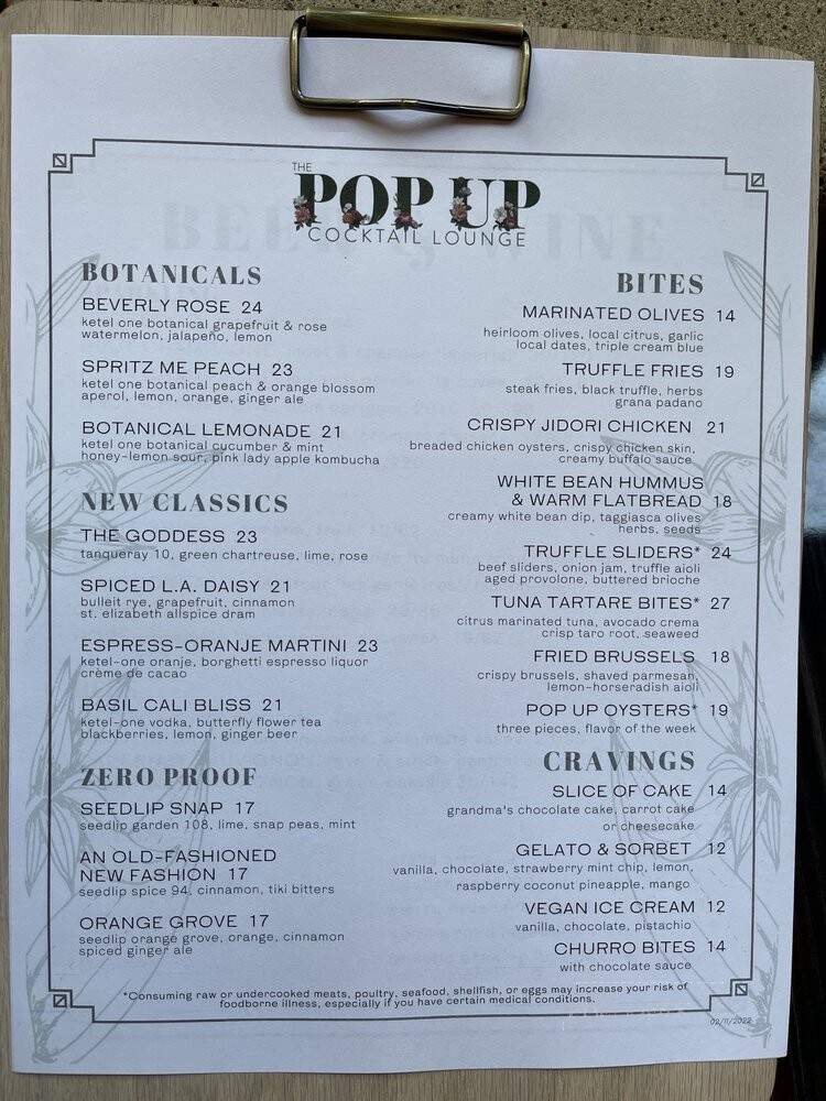Pop-Up Cocktail Lounge - Los Angeles, CA menu_pic