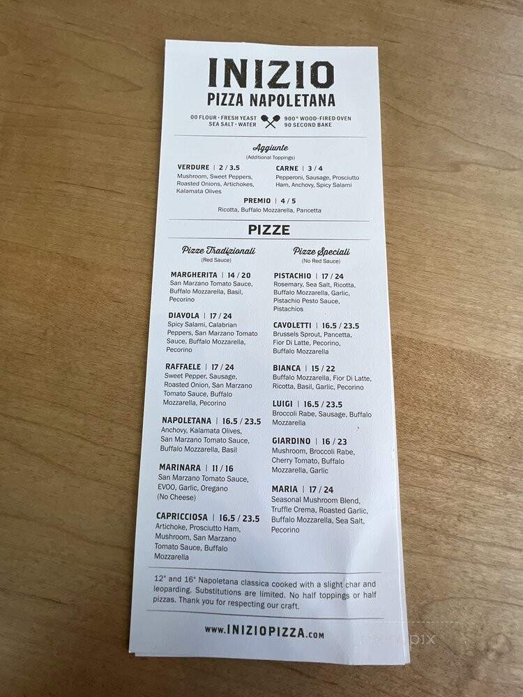 Inizio Pizza Napoletana - Fort Mill, SC menu_pic