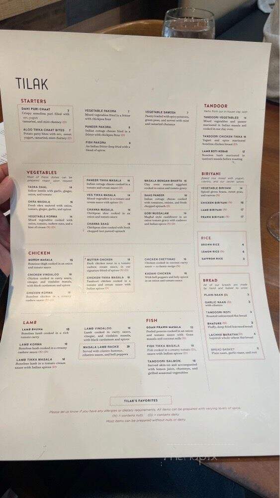 Tilak Indian Cuisine - Menlo Park, CA menu_pic