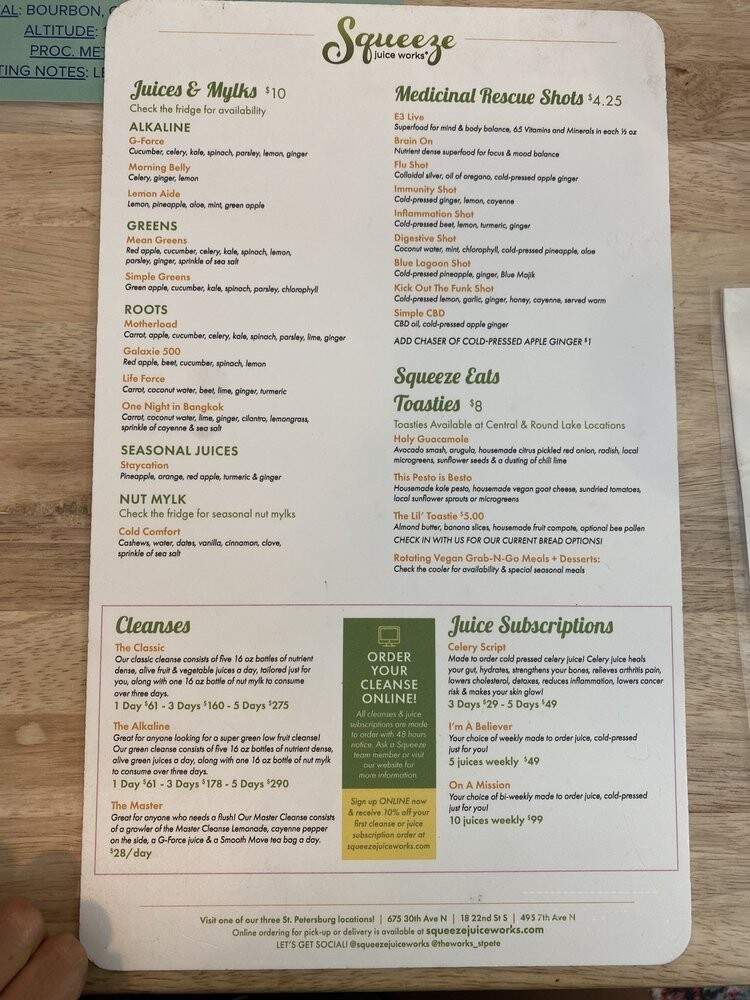 Squeeze Juice Works - St. Petersburg, FL menu_pic
