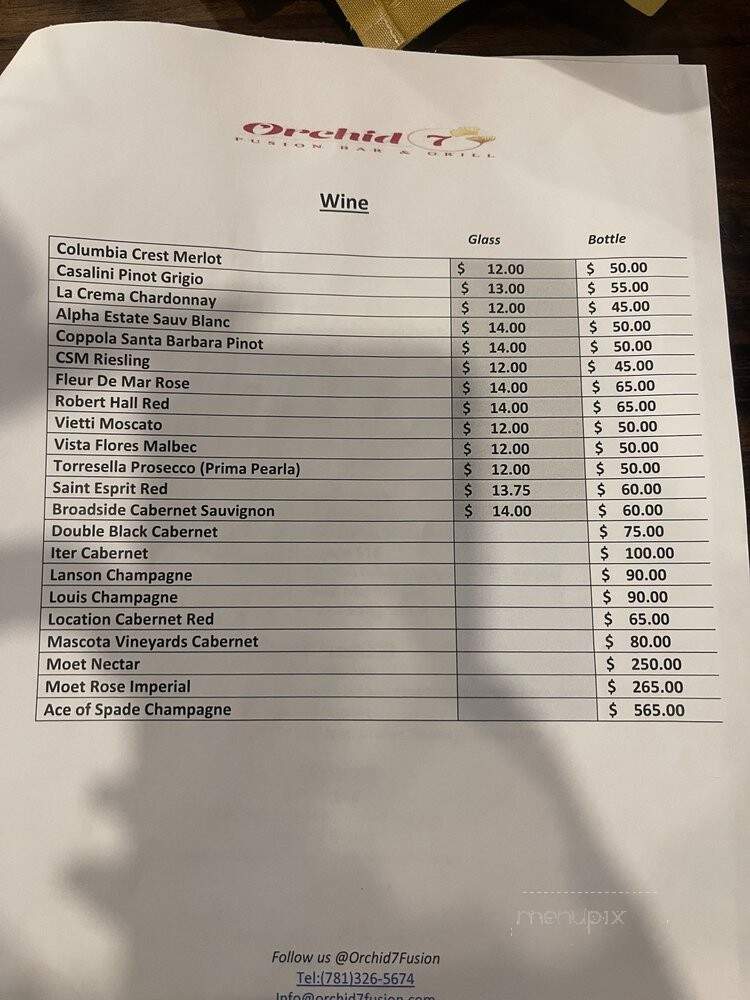 Orchid7 Fusion Bar & Grill - Dedham, MA menu_pic