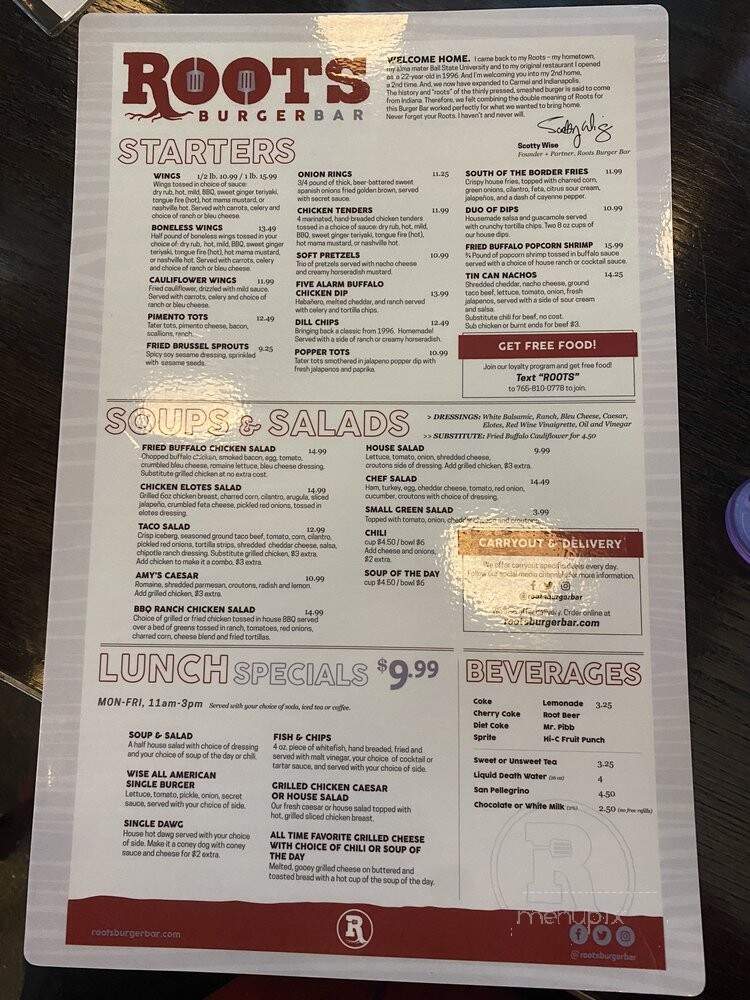 Menu of Roots Burger Bar in Carmel, IN 46033