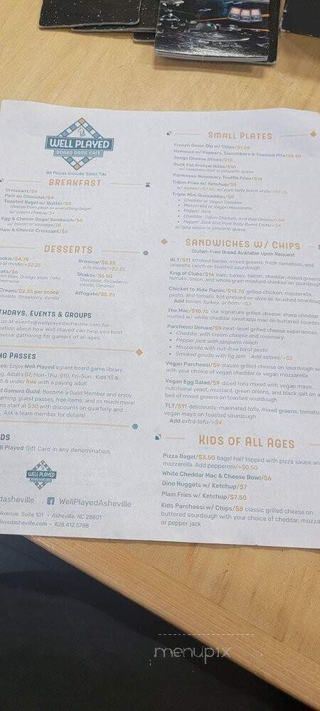 Well Played Board Game Cafe - Asheville, NC menu_pic