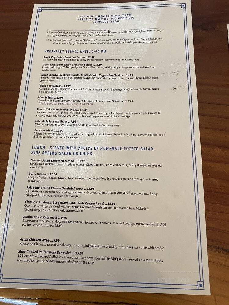 Gibson's Roadhouse Cafe - Pioneer, CA menu_pic