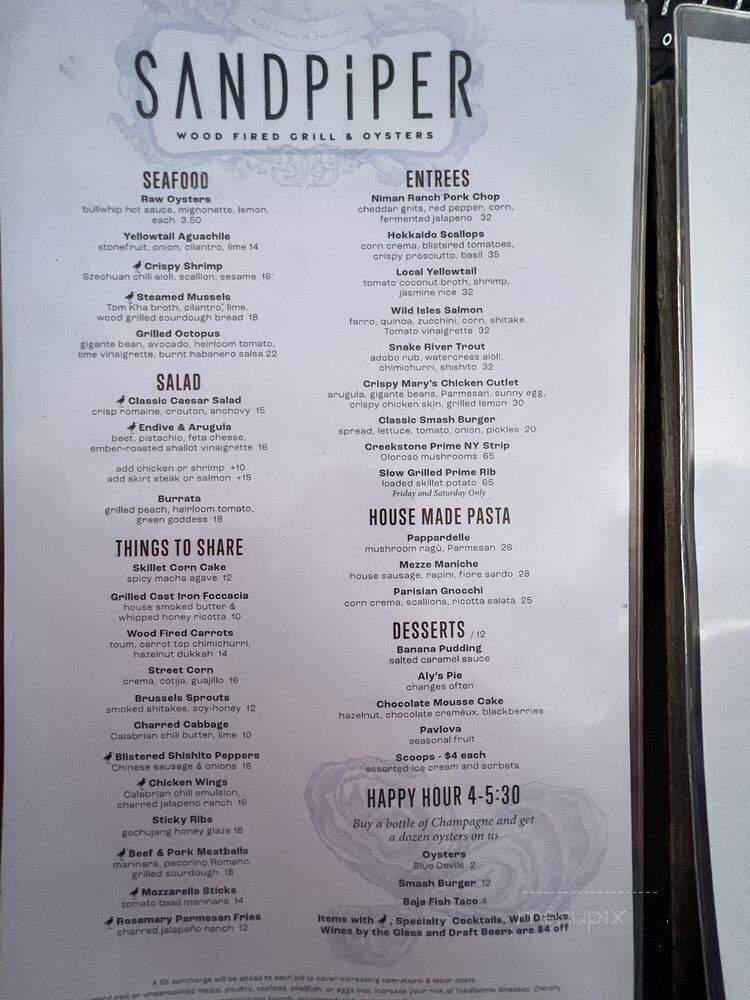 Sandpiper Wood Fired Grill & Oysters - La Jolla, CA menu_pic
