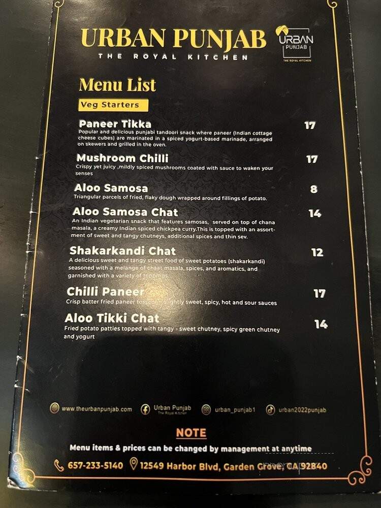 Urban Punjab - Garden Grove, CA menu_pic