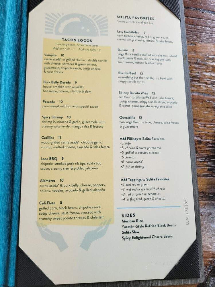 Solita Tacos & Margaritas - Long Beach, CA menu_pic