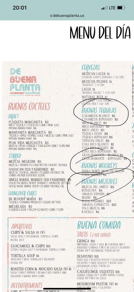 De Buena Planta - Los Angeles, CA menu_pic