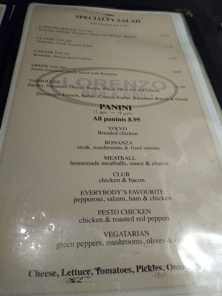 Lorenzo Bar & Grill - Ottawa, ON menu_pic