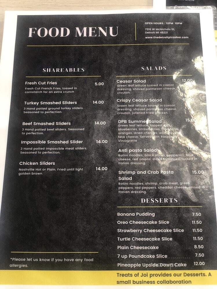 Detroit Pizza Bar - Detroit, MI menu_pic