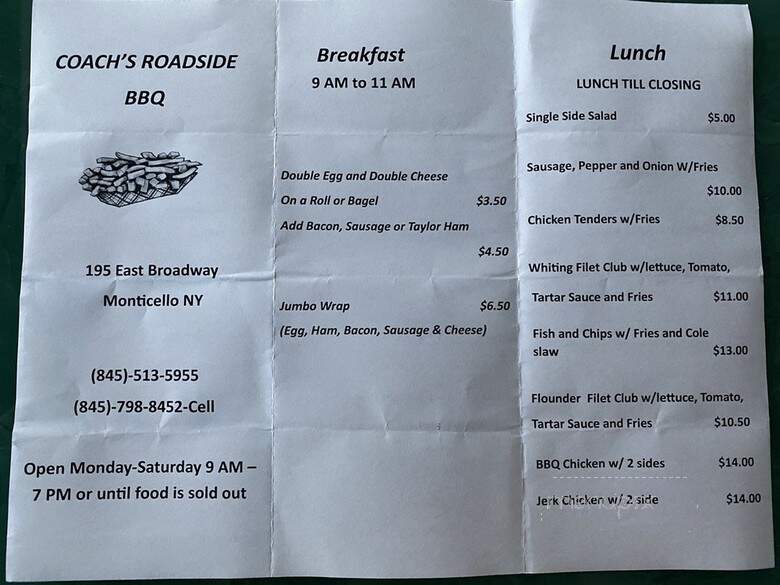 Coach's Roadside BBQ - Monticello, NY menu_pic