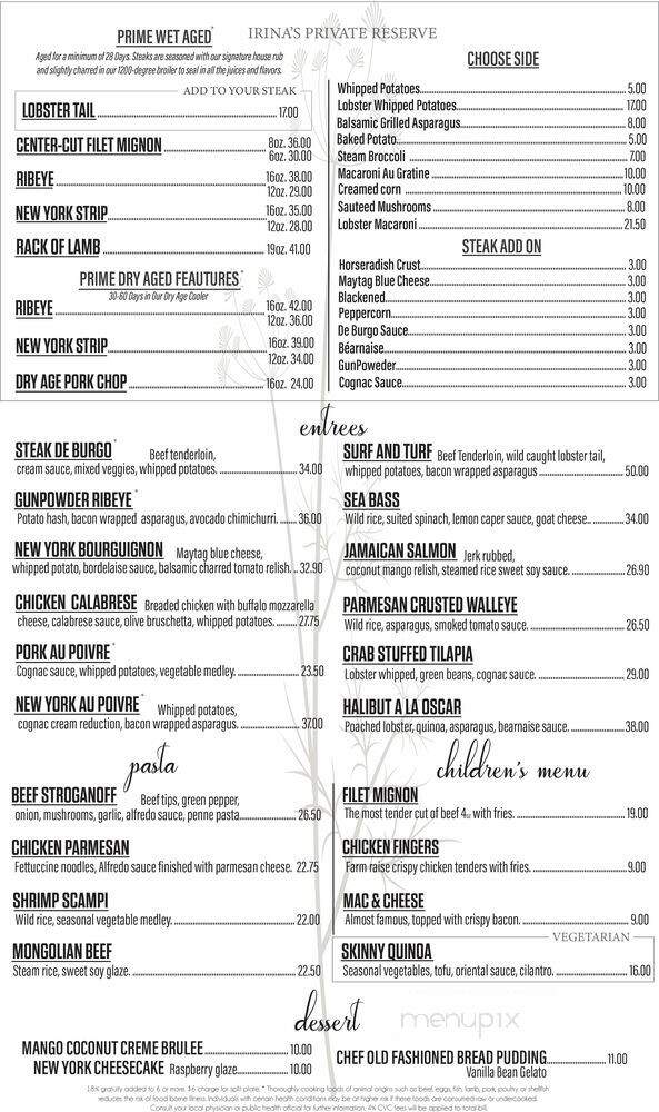 Irina's Steak and Seafood - West Des Moines, IA menu_pic