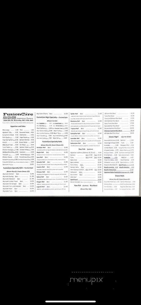 FusionCore Japanese Eatery - Burnaby, BC menu_pic