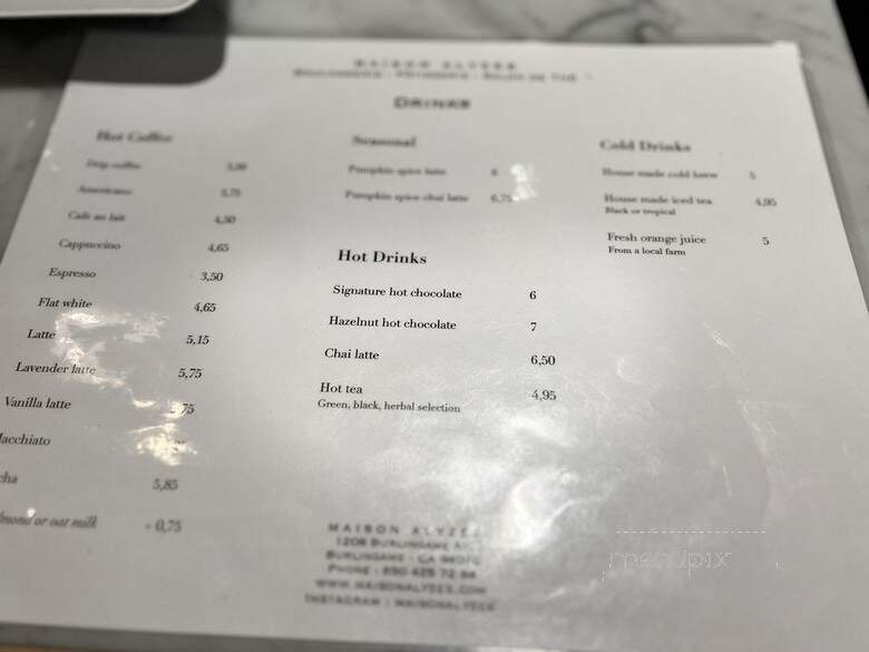 Maison Alyzee - Burlingame, CA menu_pic