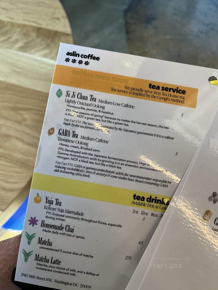 Aslin Coffee - Washington, DC menu_pic
