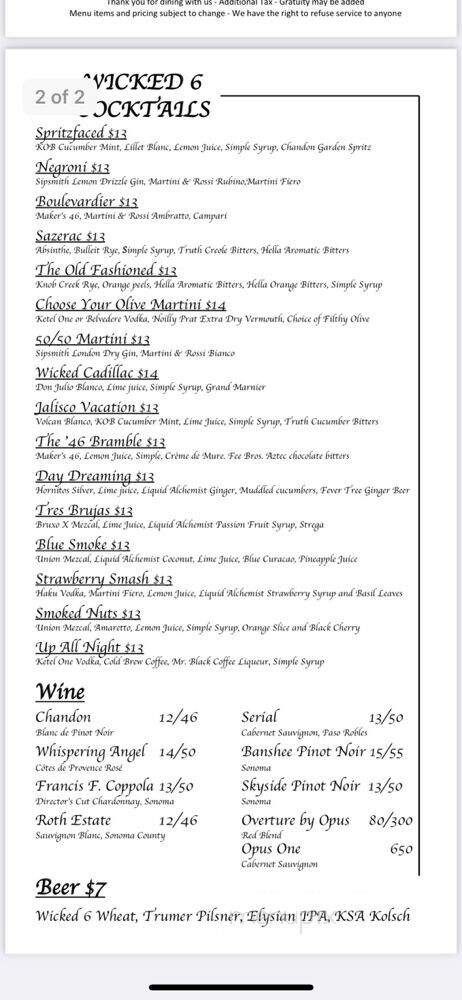Wicked 6 Bar & Bites - San Francisco, CA menu_pic