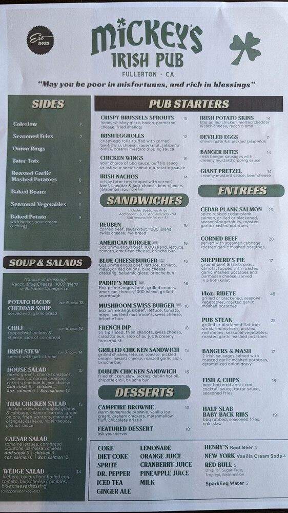 Mickey's Irish Pub - Fullerton, CA menu_pic