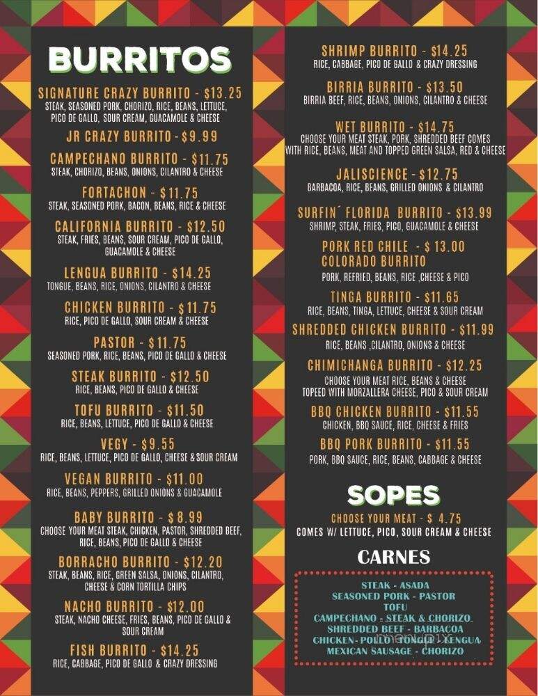 Crazyburrito Authentic Mexican Grill V - Tampa, FL menu_pic