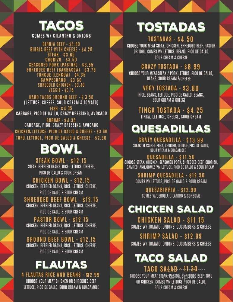 Crazyburrito Authentic Mexican Grill V - Tampa, FL menu_pic