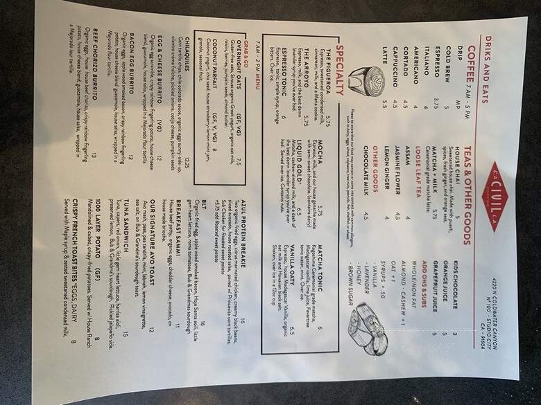 Civil Coffee - Los Angeles, CA menu_pic