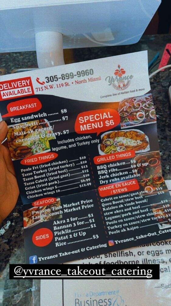 Yvrance's Take-Out and Catering - North Miami, FL menu_pic