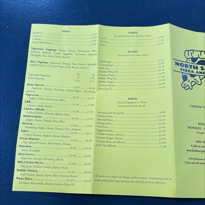 North Shore Pizza and Subs - Monona, WI menu_pic