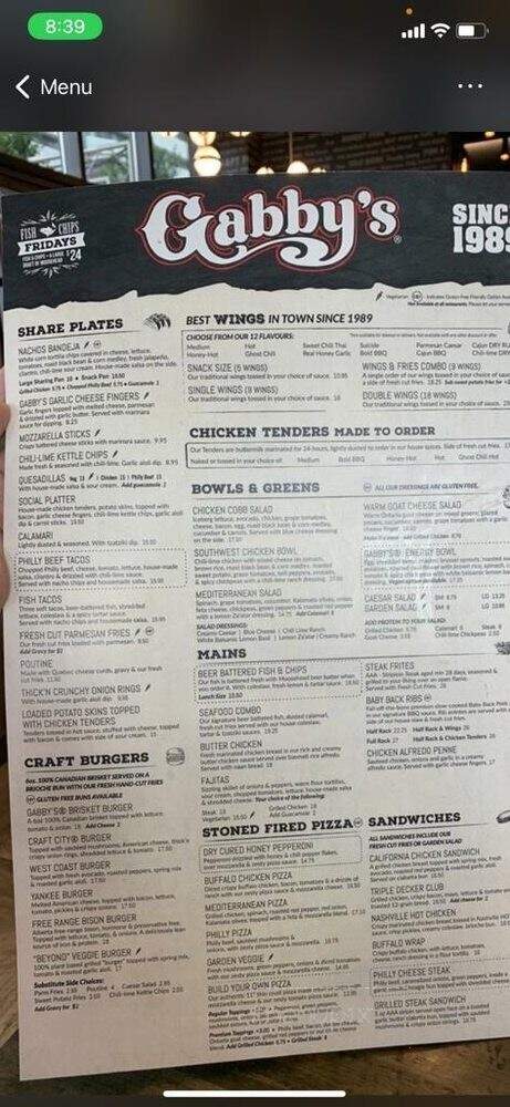Gabby's - Mississauga, ON menu_pic