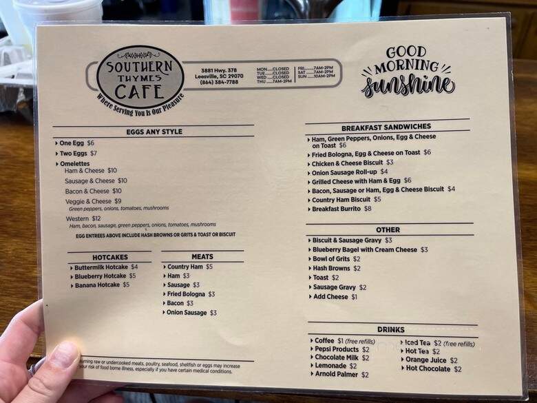 Southern Thymes Cafe - Leesville, SC menu_pic