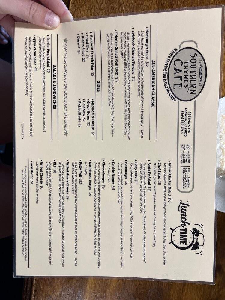 Southern Thymes Cafe - Leesville, SC menu_pic