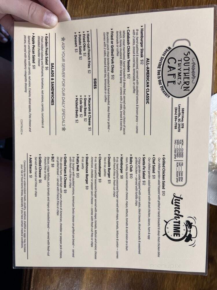 Southern Thymes Cafe - Leesville, SC menu_pic