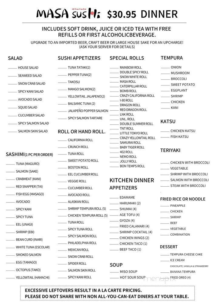 Masa Sushi - Lincoln, NE menu_pic
