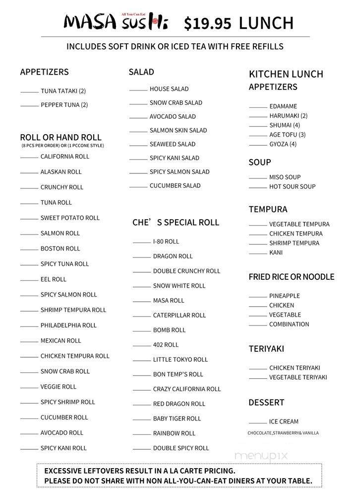 Masa Sushi - Lincoln, NE menu_pic